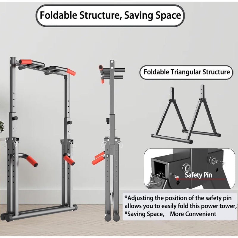 Foldable Power Tower Pull Up Staion Dip Bar Staion Freestanding Multifunctional Fitness Tower Station for Pull-Up/Dips/Push-Up/Chain Up Strenghth Training Home