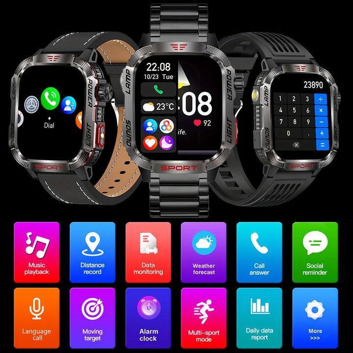 Rugged Smartwatch with Call Function for iPhone & Android, Wireless 5.0, IPS Touchscreen, Alloy Body, Stainless Steel Strap, 2.01" Display, IP68 Waterproof, 600mAh Battery, LED Flashlight, Fitness & Sleep Tracking - 240 x 296