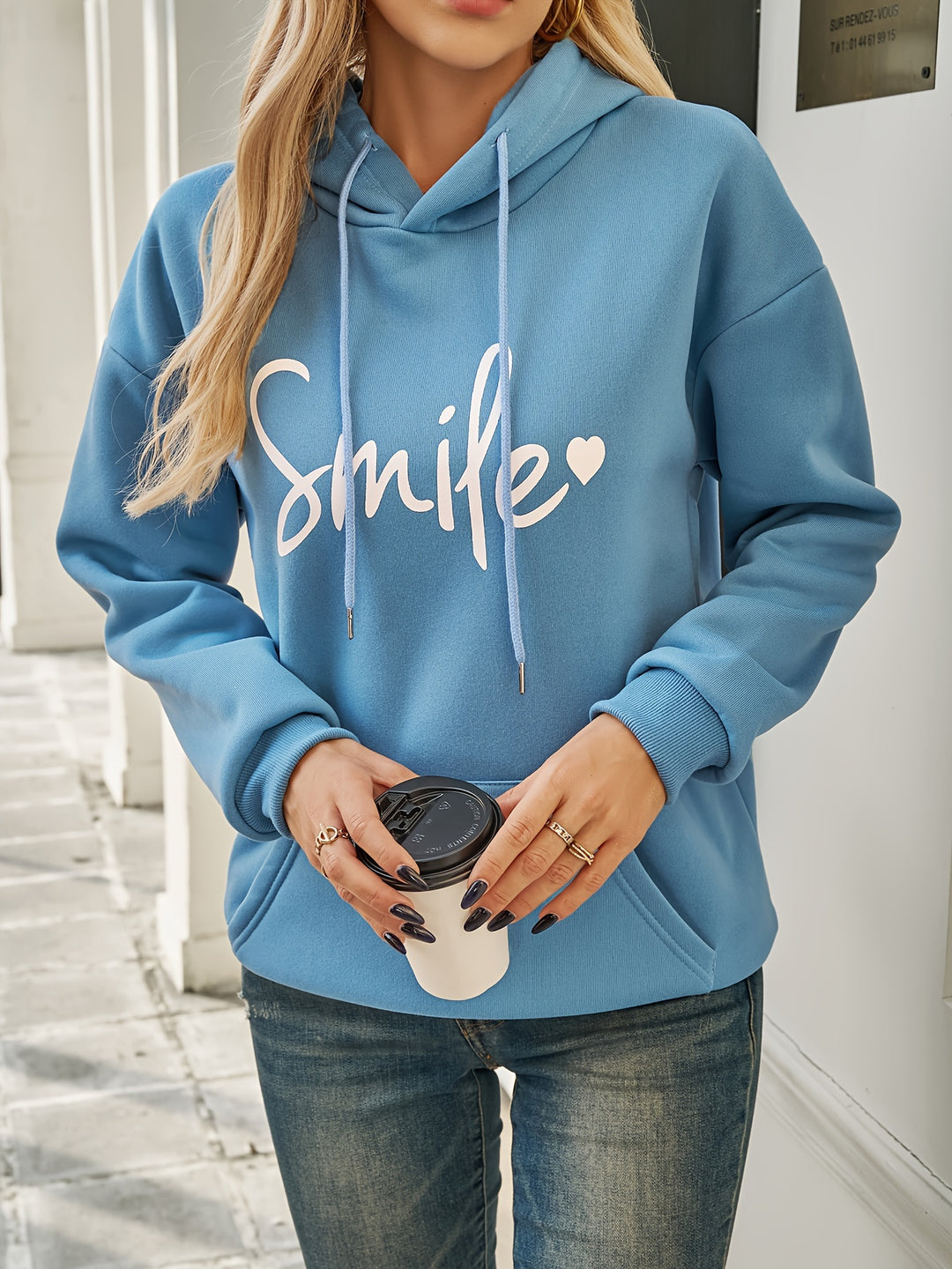 Smile Print Drawstring Hoodie, Casual Long Sleeve Hooded Sweatshirt With Kangaroo Pocket For Fall & Winter, Women's Clothing