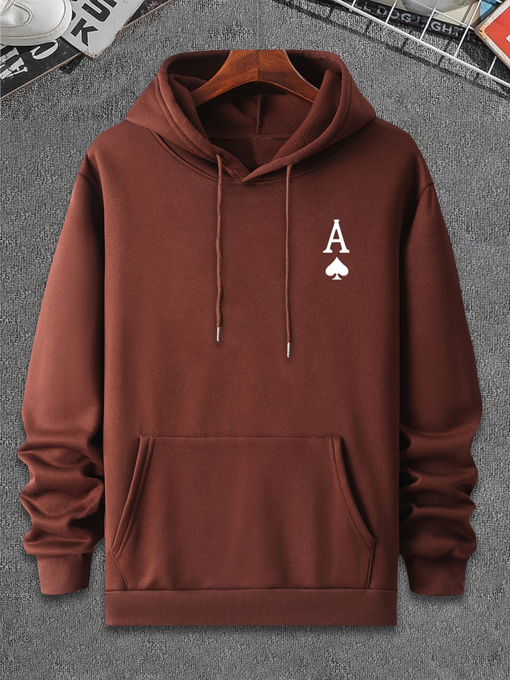 Men's Casual Pullover Hoodie with Geometric Spade Print, Polyester, Regular Fit, Knit Fabric, Pocket Detail, Sports Sweatshirt