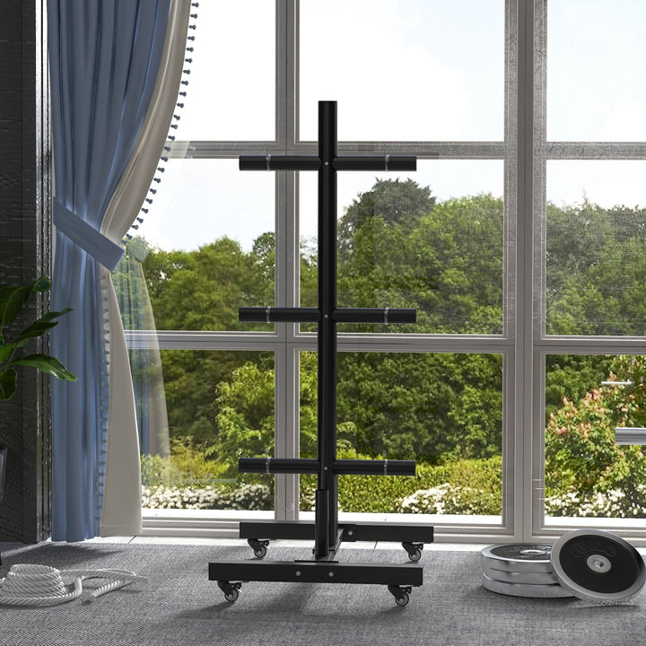 Weight Rack for Olympic Weight Plate, 3 Tier Weight Tree for 2 inch Plates and Bars, Weight Organizer Stand with 4 Transport Wheels and Clamps for Home Gym, Black