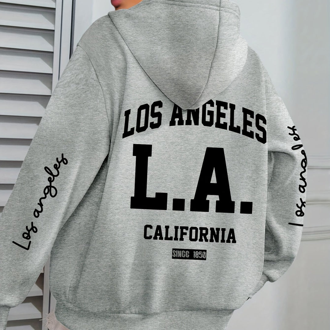 Women'S Plus Size Casual Hoodie with Los Angeles Print, Long Sleeve Pullover Sweatshirt with Pocket, 100% Polyester Knit Fabric, Slight Stretch, Fall/Winter Hooded Clothing