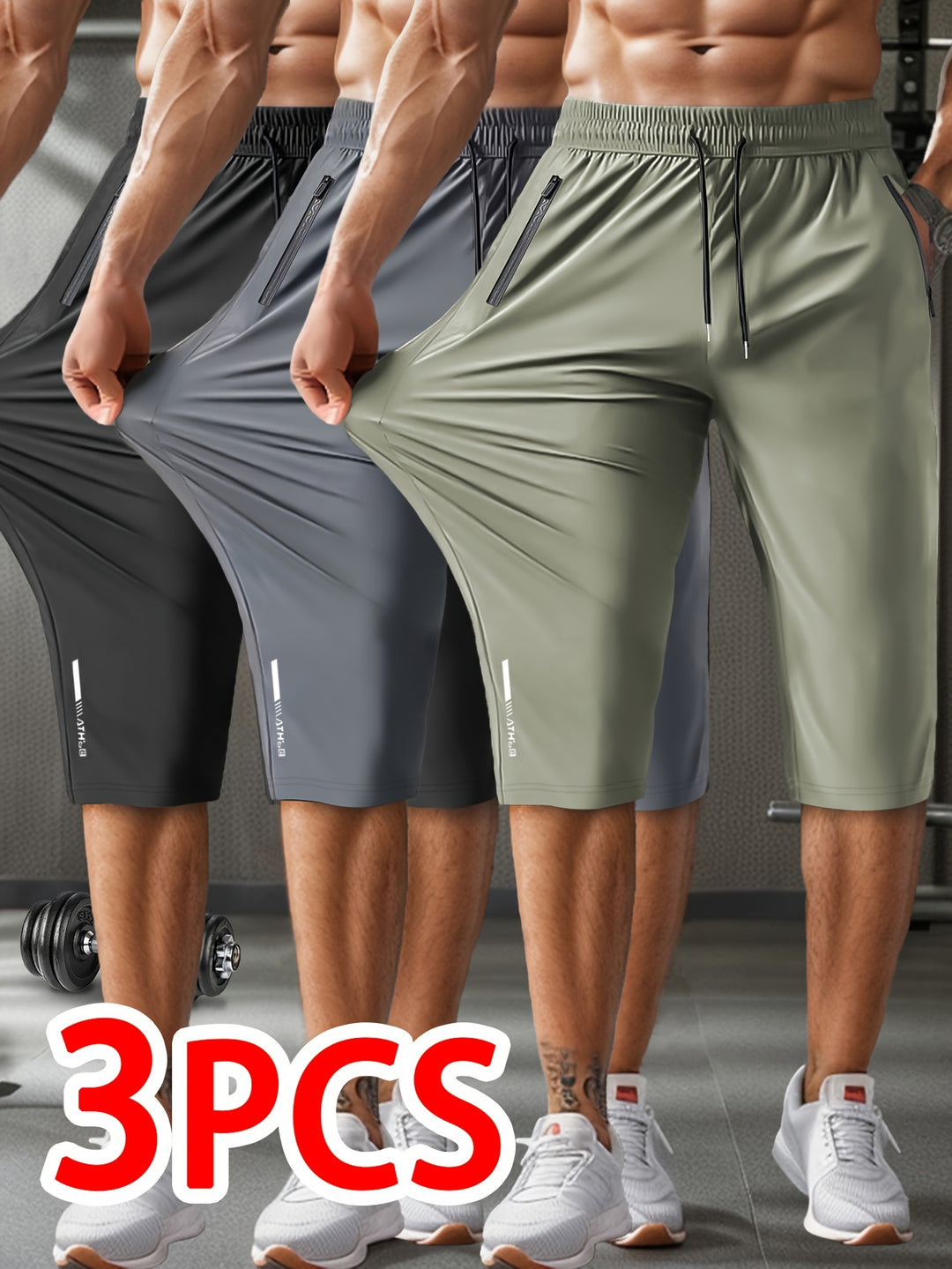 3pcs Men'S Casual Active Polyamide Shorts, High Stretch Knit Fabric, Solid Color, Straight Leg, with Pockets, Elastic Waist with Drawstring