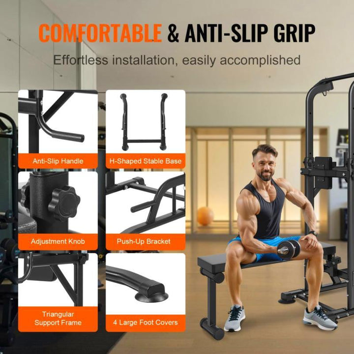 Adjustable 10 Level Power Tower with Detachable Bench Multi Function Dip Station and Pull Up Bar Home Gym Fitness Equipment for Strength Training Up to 199.58KG