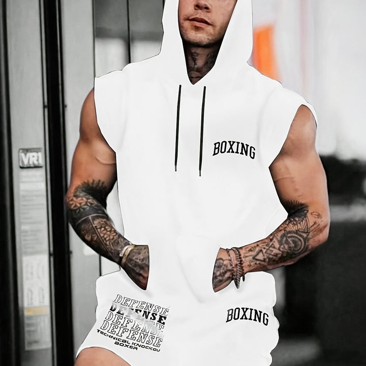 2-piece Men's Summer Sports Set, Novelty Boxing Letter Print Men's Sleeveless Hooded Vest With Kangaroo Pocket & Sports Shorts With Pockets co ord set