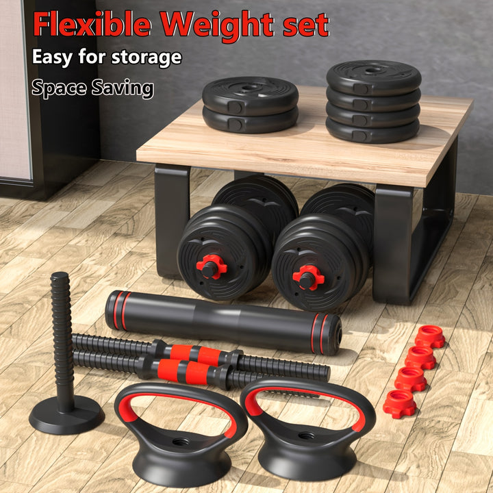 AJUMKER 19.96KG Adjustable Dumbbell & Barbell Set with Kettlebell Connector - Flexible Weight Adjustment, Durable Iron Home Gym Equipment for Men & Women, Includes Gloves & Jump Ropes, Ideal for Full Body Workouts, Gym Access