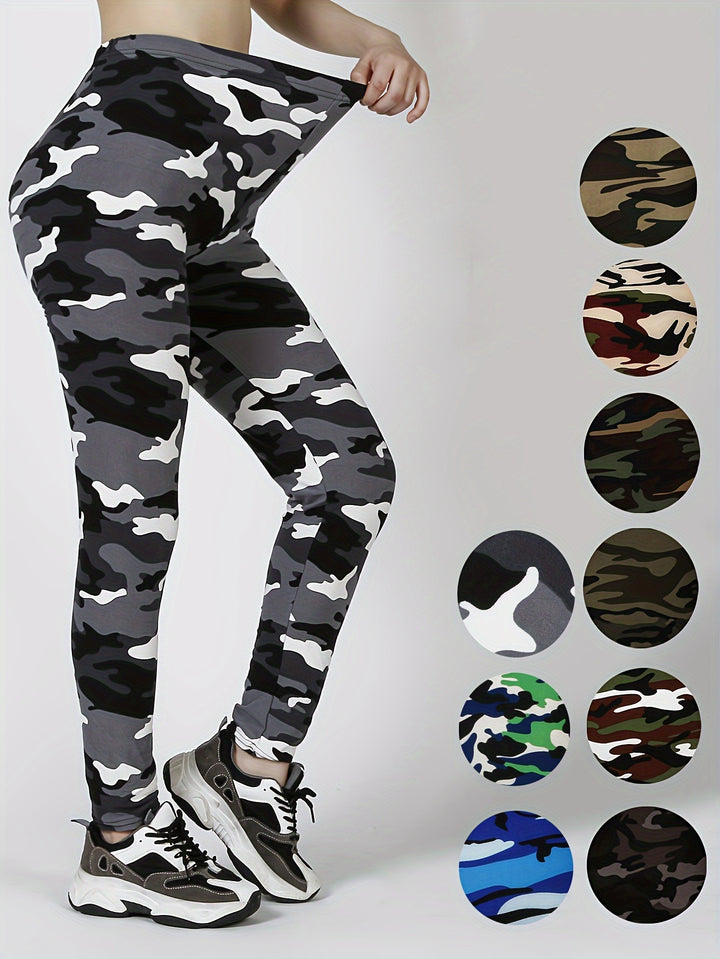 3pcs Women's High-Waist Camo Print Leggings - Stretchy, Breathable Activewear for Running & Fitness, Machine Washable