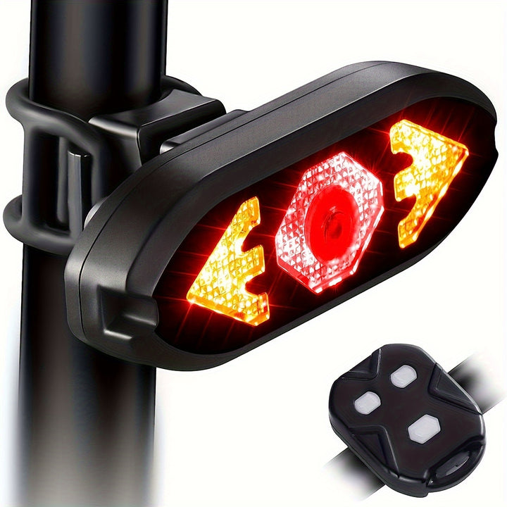 USB Rechargeable LED Bike Tail Light with Turn Signals - Remote Control, 120dB Alarm Speaker for Enhanced Safety, Black