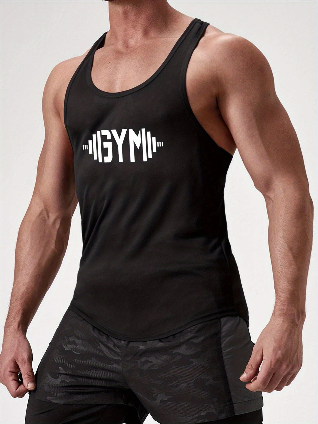 GYM Dumbbell Pattern Men's Summer Tank Top, Men's Breathable Lightweight Top For Fitness