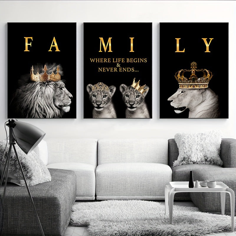 3pcs 15.7*23.6in/40cm*60cm Frameless Modern Abstract Family Of Lions Motivational Quotes Wall Art Canvas Painting Art for Living Room Cuadros Decor No Frame