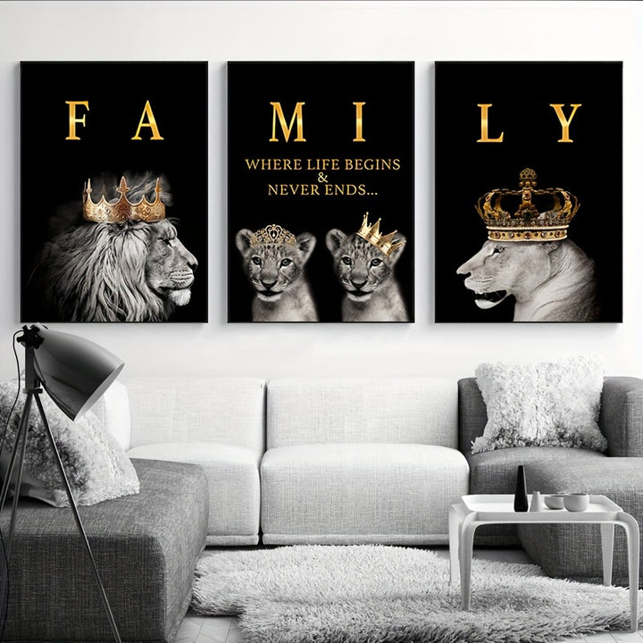 3pcs 15.7*23.6in/40cm*60cm Frameless Modern Abstract Family Of Lions Motivational Quotes Wall Art Canvas Painting Art for Living Room Cuadros Decor No Frame