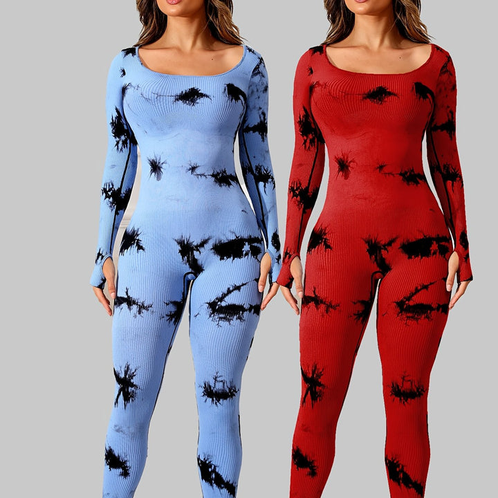 Women'S Tie-Dye Long-Sleeve Jumpsuit with a Fitted Square Neckline, Designed for Yoga And Sports to Prevent Rolling.