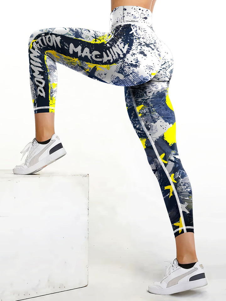 Fashionable Letter Printed High Waist Yoga Leggings - Bold Graffiti Color Block Design, Butt Lifting & Tummy Control, Womens Performance Running Tight Pants