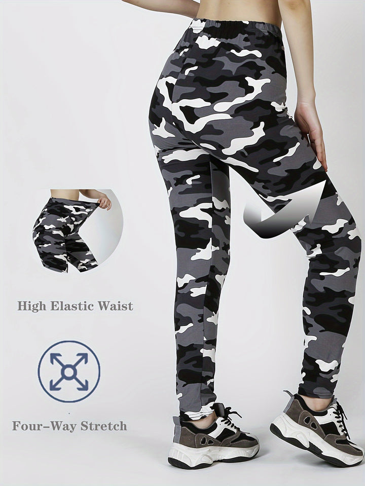 3pcs Women's High-Waist Camo Print Leggings - Stretchy, Breathable Activewear for Running & Fitness, Machine Washable