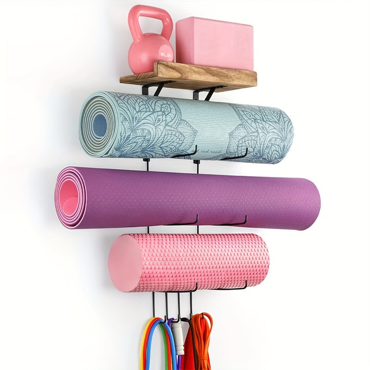 Yoga Mat Holder Accessories Wall Mount Organizer Storage Decor Foam Roller and Towel Storage Rack with 4 Hooks and Wooden Shelves Yoga Mats Rack Resistance Bands for Home Gym School Office