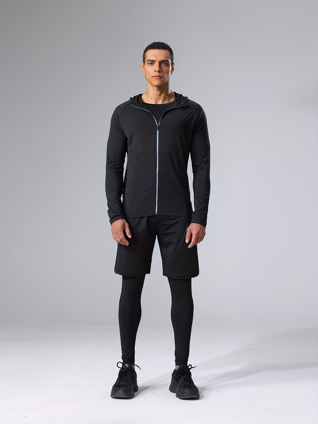 4-Piece Men's Athletic Set - Breathable Quick-Dry Sportswear, Running Gym Cycling Outfit, Casual Comfort Fitness Apparel with Hoodie, Jacket, Shorts & Leggings