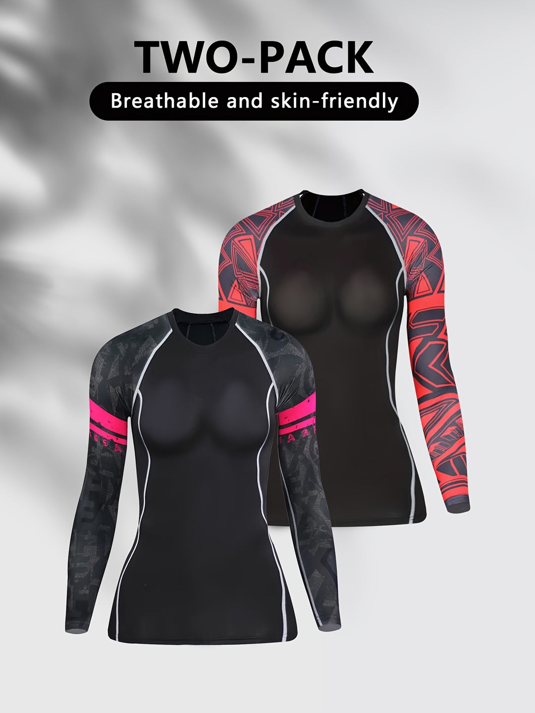 2pcs Women'S Compression Sports Tops, Quick-Dry Long Sleeve Fitness Shirts, Breathable Soft Knit Fabric, Crew Neck, High Stretch Polyester, with Unique Print Design for Yoga & Running