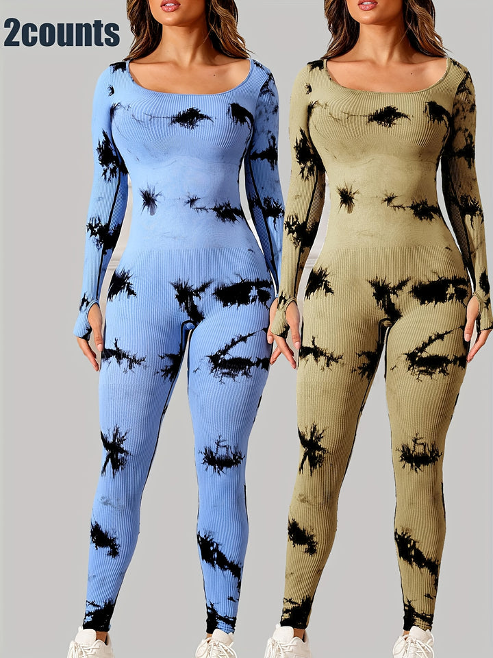 Women'S Tie-Dye Long-Sleeve Jumpsuit with a Fitted Square Neckline, Designed for Yoga And Sports to Prevent Rolling.