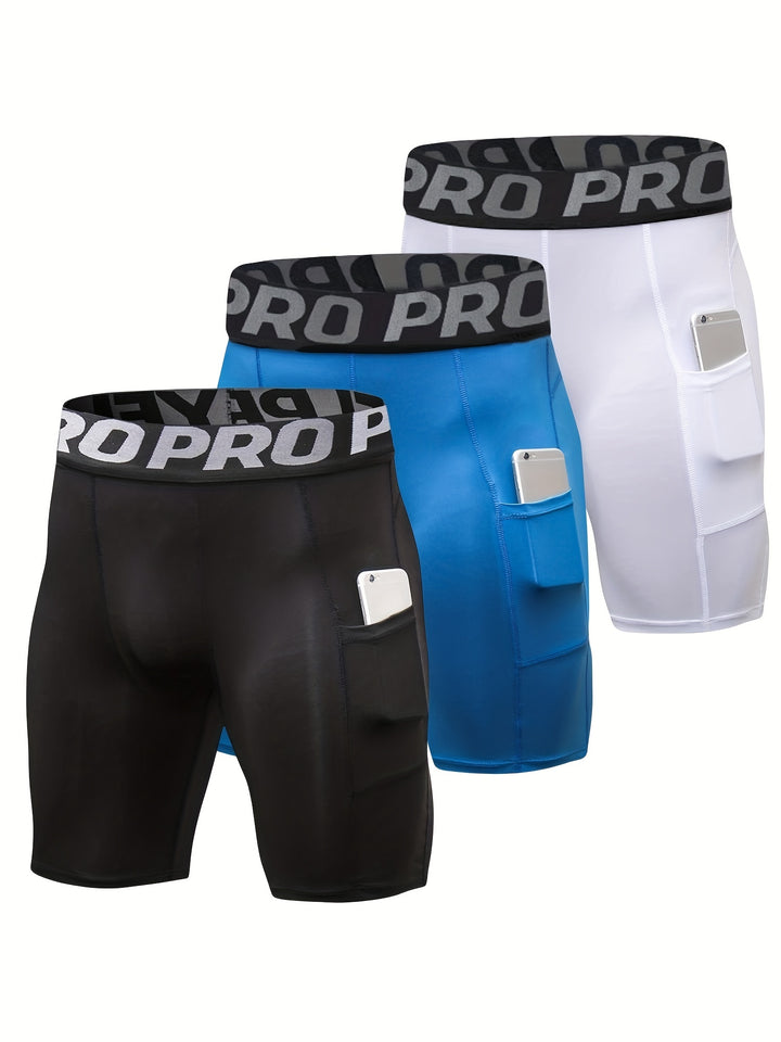 3pcs Men's High-Elastic Compression Shorts - PRO Pro Pro Design, Breathable & Stretchy Fabric, Perfect for Gym, Running & Sports Activities, Black with Side Pockets, Plus Size Shorts