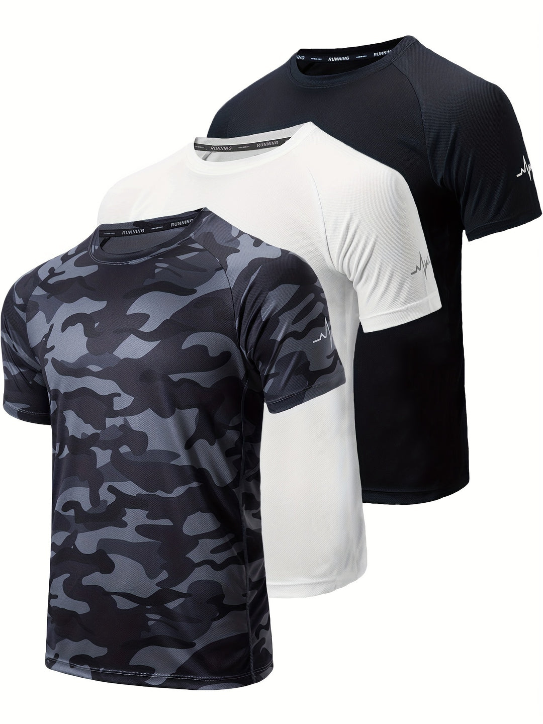 3pcs Men's Athletic Short Sleeve Crew Neck Moisture-wicking Shirts, Undershirt With Sleeve Electrocardiography Print, Sports Comfy Tee