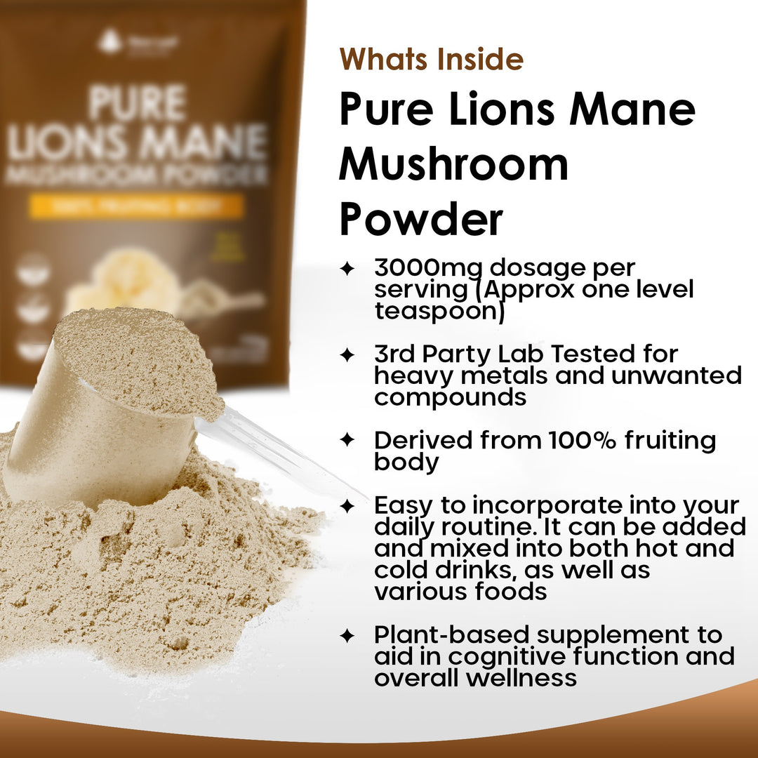 Lions Mane Mushroom Powder - High Strength 3000mg Mushroom Powder - 100% Fruiting Body