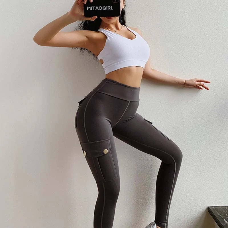 High Waist Pocketed Polyester Fitness Leggings for Women