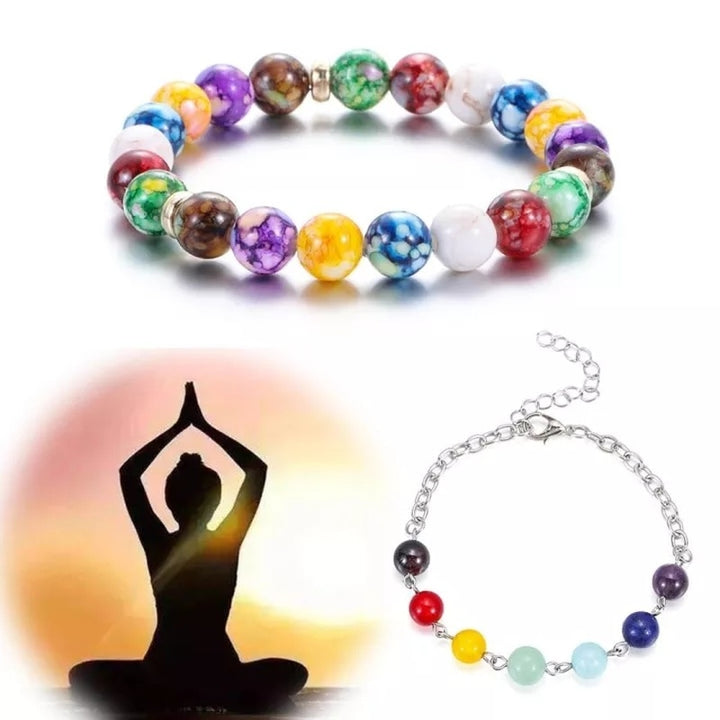 Classic 7 Chakra Beads Bracelet Natural Stone Black Rope Braided Yoga