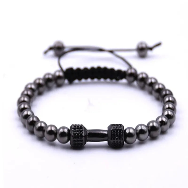 New Black Hematite Beads Stone Bracelet Fitness Fit Life Prayer Dumbbell Bracelets For Men Macrame Barbell Jewellery