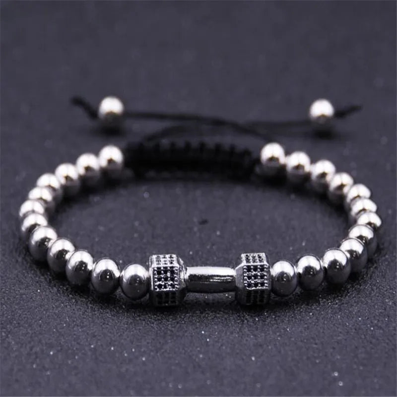 New Black Hematite Beads Stone Bracelet Fitness Fit Life Prayer Dumbbell Bracelets For Men Macrame Barbell Jewellery