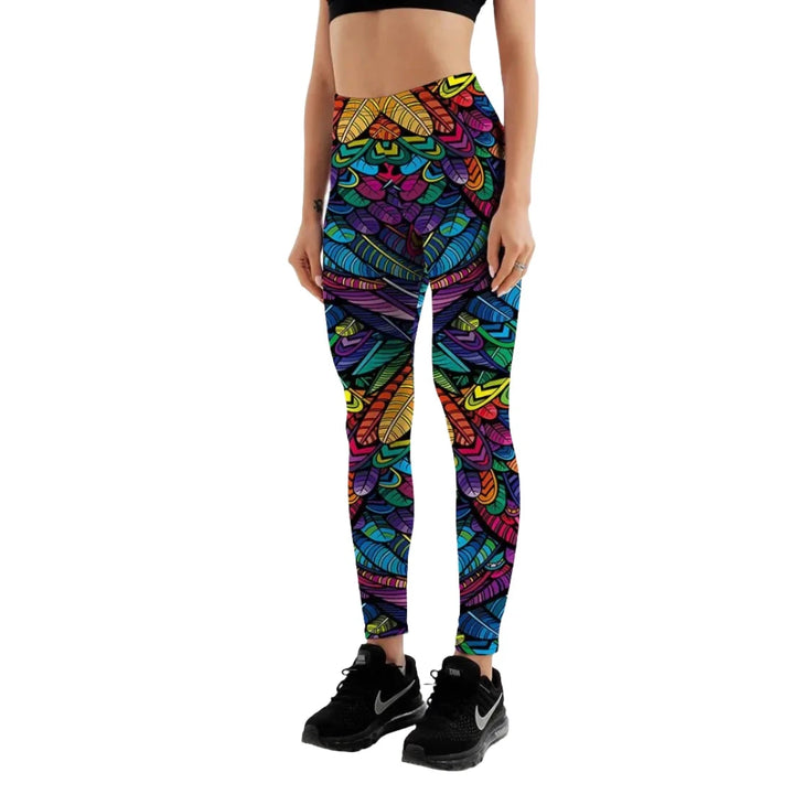 Quickitout Color Feathers 3D Printed Women's Mid-Waist Fitness Trousers