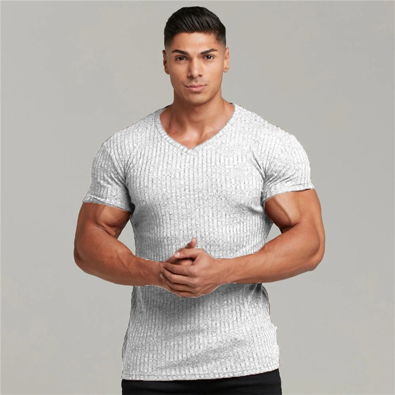 Running V Neck Short Sleeve T Shirt Men Fitness Slim Fit Sports Strips