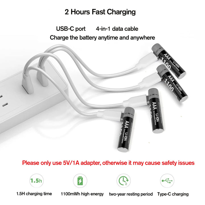 MATOV Li-ion AAA and AA Rechargeable Batteries USB Lithium-ion 3400mWh 1.5V AA Rechargeable Batteries+1100mWh 1.5V AAA Battery