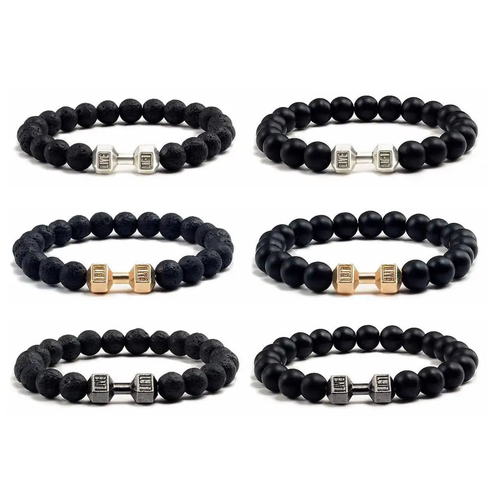 Natural Black Volcanic Lava Stone Dumbbell Bracelet Black Matte Beads Bracelets Fitness Barbell Jewellery Pulseras For Women