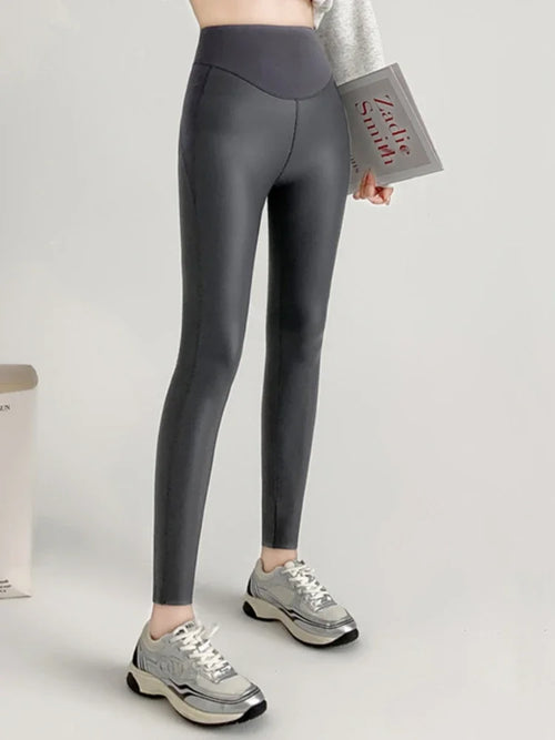 Women's PU Leather Fleece Sexy Leggings Fall New Tight Stretch Pants