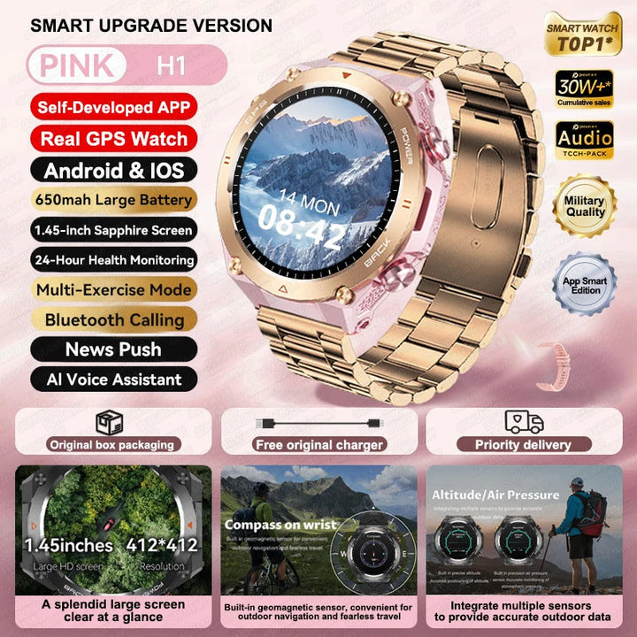 2024 New GPS Smart Watch 1.45" Ultra HD Display Built-in GPS & Compass Make/Receive Phone Calls Smart Bracelet 650mAh Battery