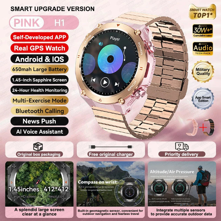 2024 New GPS Smart Watch 1.45" Ultra HD Display Built-in GPS & Compass Make/Receive Phone Calls Smart Bracelet 650mAh Battery