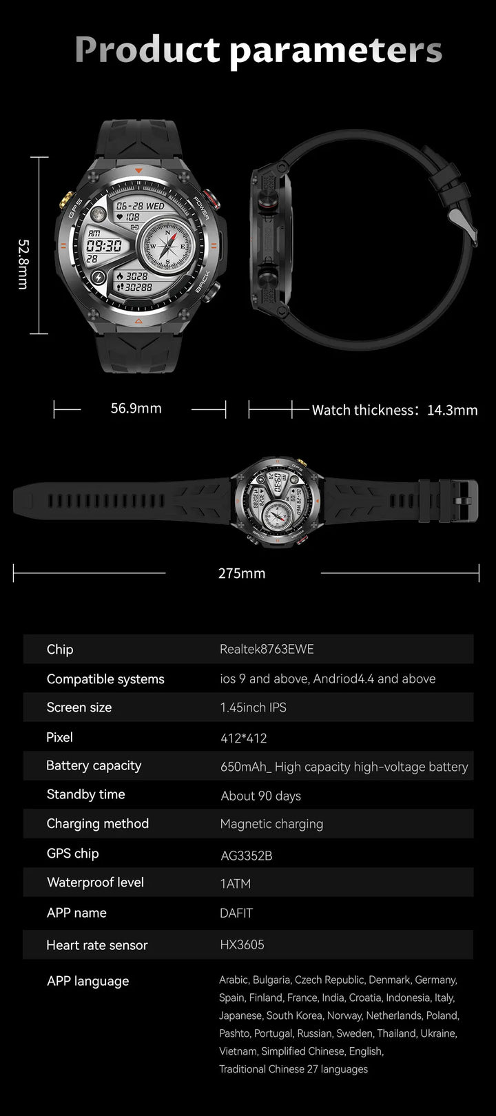 2024 New GPS Smart Watch 1.45" Ultra HD Display Built-in GPS & Compass Make/Receive Phone Calls Smart Bracelet 650mAh Battery