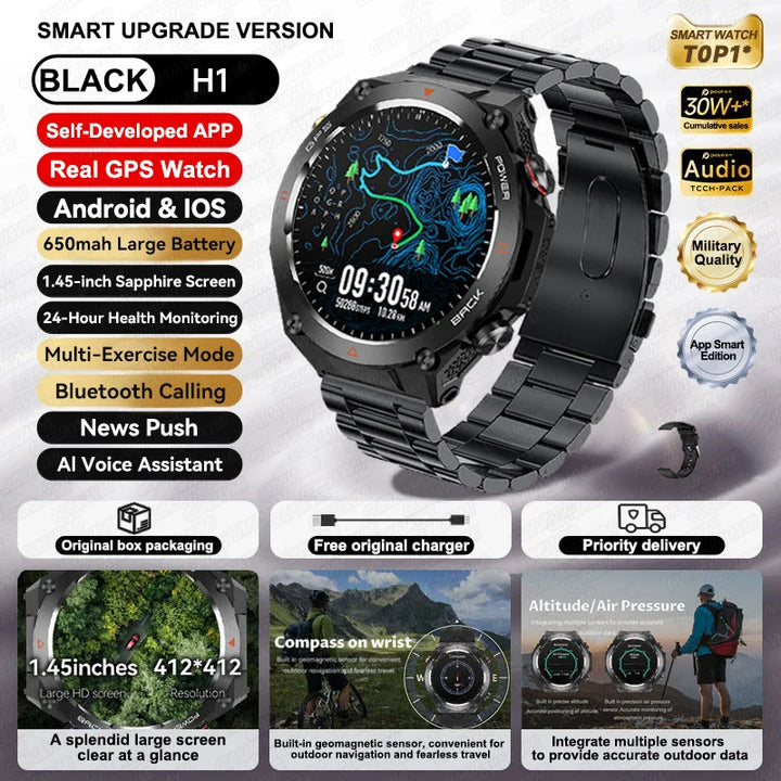 2024 New GPS Smart Watch 1.45" Ultra HD Display Built-in GPS & Compass Make/Receive Phone Calls Smart Bracelet 650mAh Battery