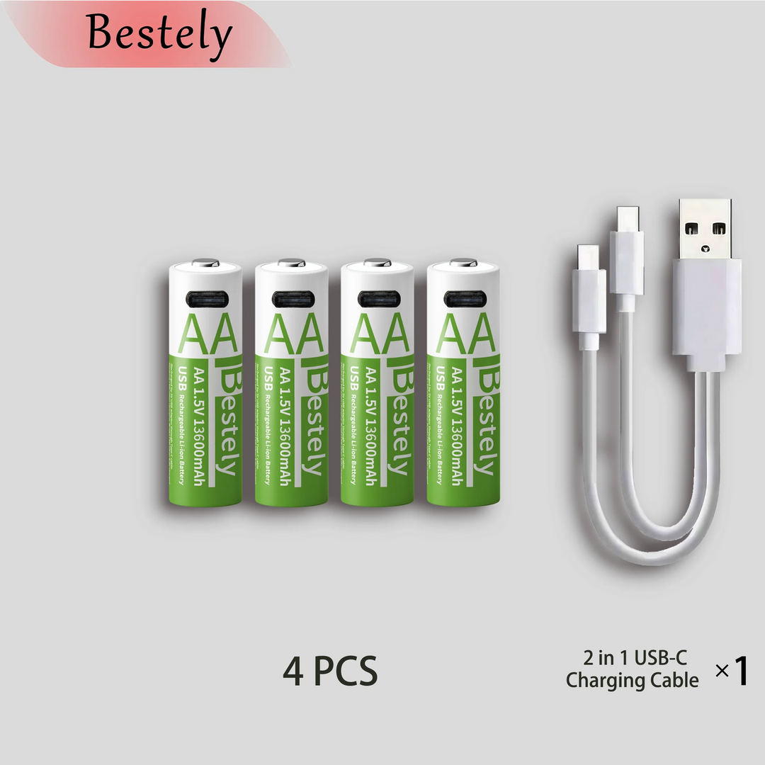 Bestely 1.5V 13600mAh USB AA Lithium ion Rechargeable Battery, Fast Charging Li-ion Akku  , 2000 Cycle with USB- C Port Cables