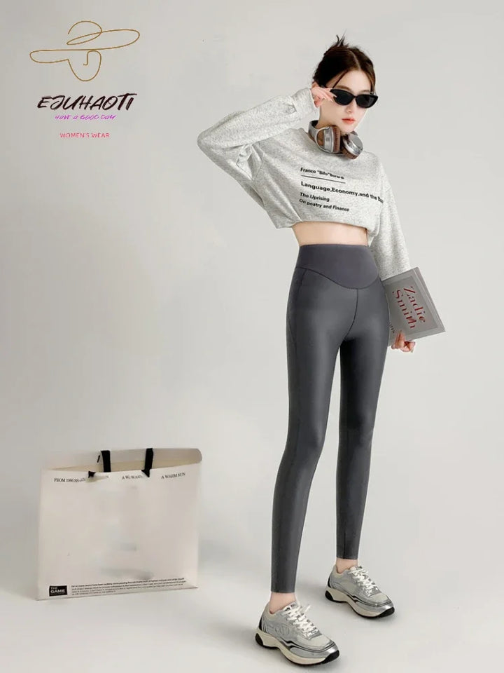 Women's PU Leather Fleece Sexy Leggings Fall New Tight Stretch Pants