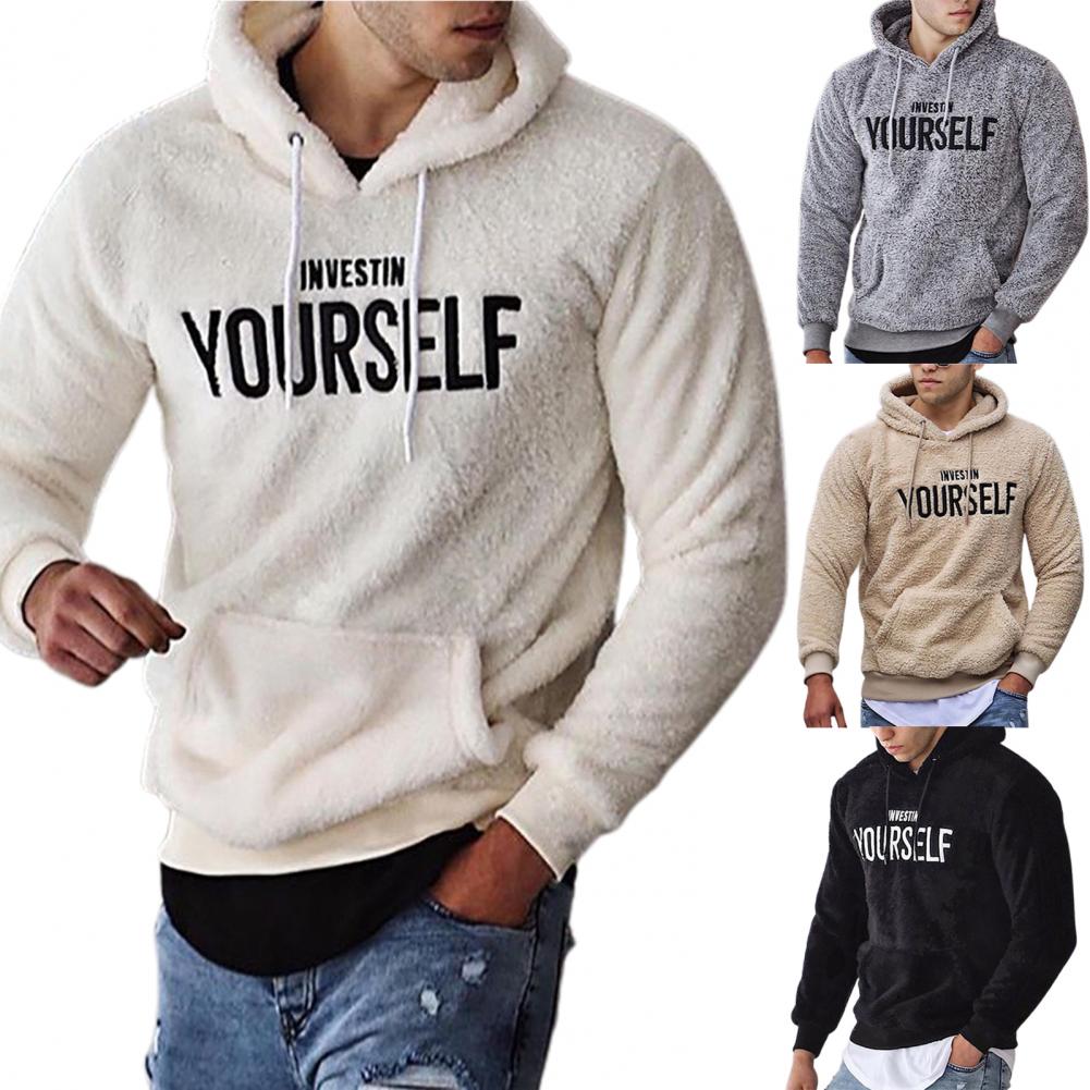 Hoodie Letters Embroidery Warm Pullover Men Long Sleeve Pockets Hooded Sweatshirt Fleece Casual Sweatshirts For Spring/Autumn