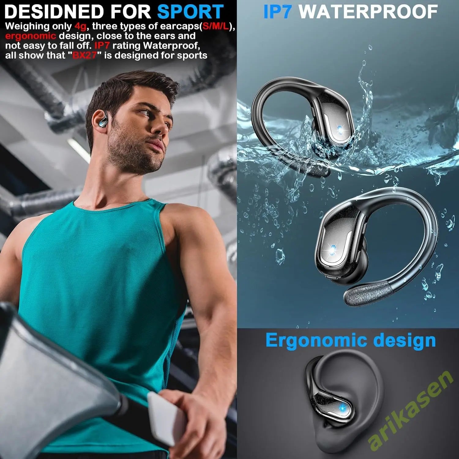 75Hrs Bluetooth 5.3 IP7 Waterproof Wireless Headphones with ENC Noise
