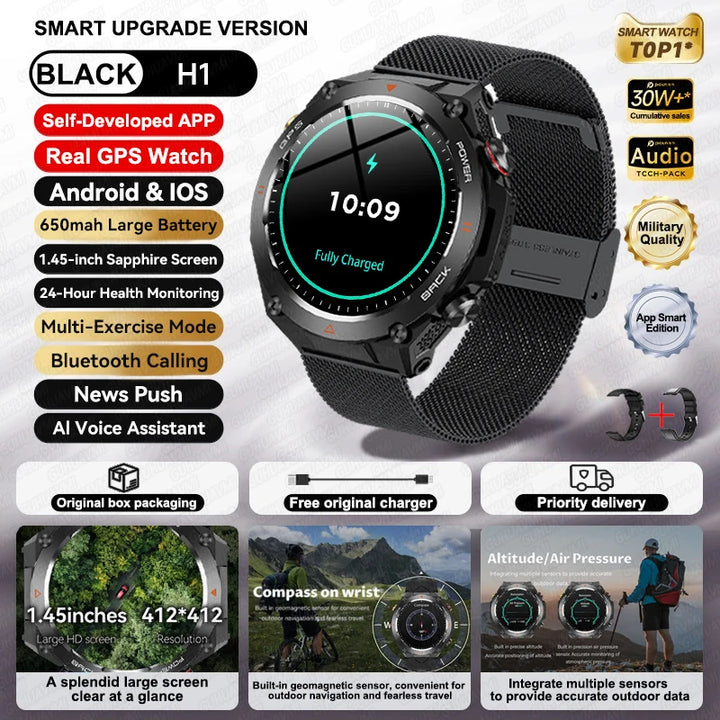 2024 New GPS Smart Watch 1.45" Ultra HD Display Built-in GPS & Compass Make/Receive Phone Calls Smart Bracelet 650mAh Battery