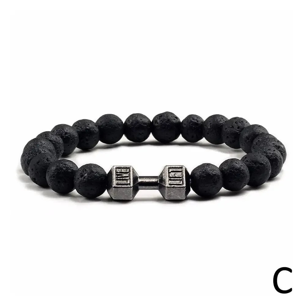 Natural Black Volcanic Lava Stone Dumbbell Bracelet Black Matte Beads Bracelets Fitness Barbell Jewellery Pulseras For Women