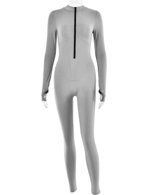 Sexy Elegant Women Zip-Up O-neck Long Sleeve Jumpsuit Streetwear 2024