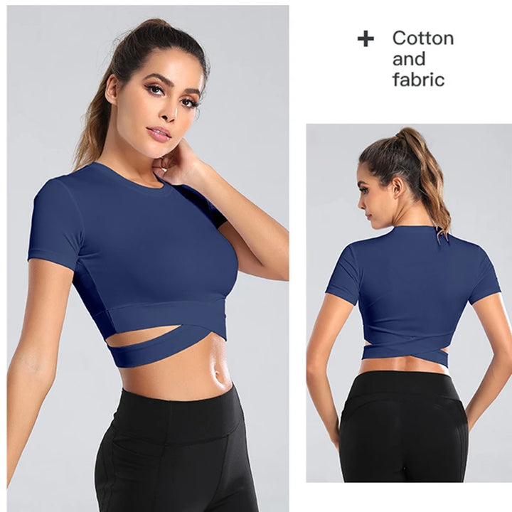 Aiithuug Sexy Waist Yoga Short Sleeve Crisscross Waist Breathable Gym