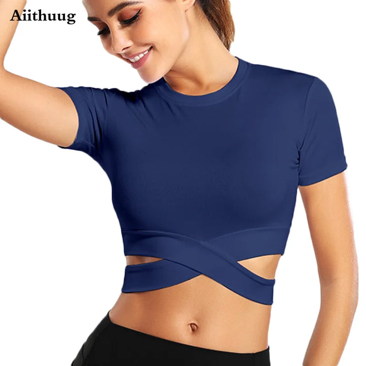 Aiithuug Sexy Waist Yoga Short Sleeve Crisscross Waist Breathable Gym