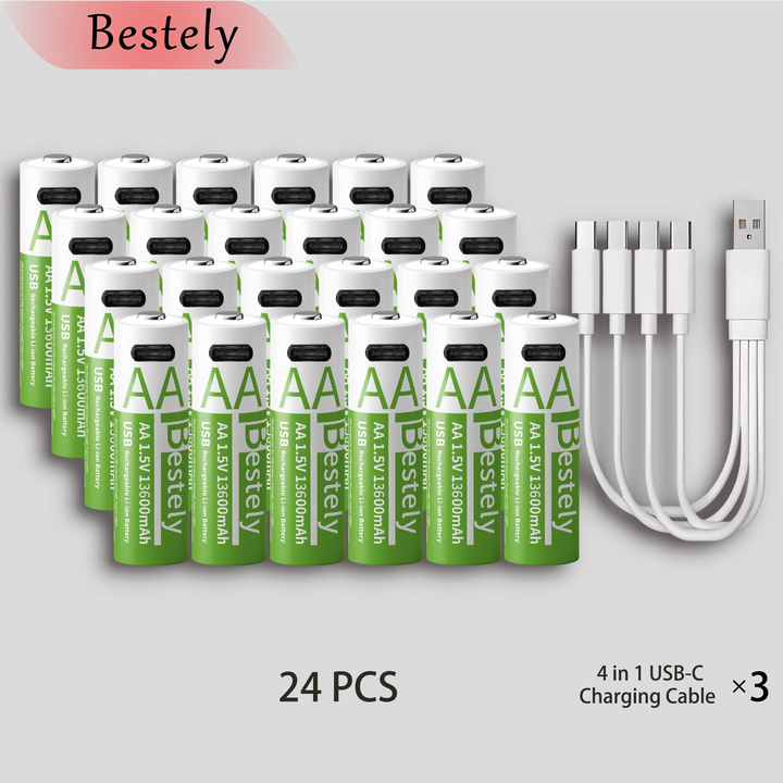 Bestely 1.5V 13600mAh USB AA Lithium ion Rechargeable Battery, Fast Charging Li-ion Akku  , 2000 Cycle with USB- C Port Cables