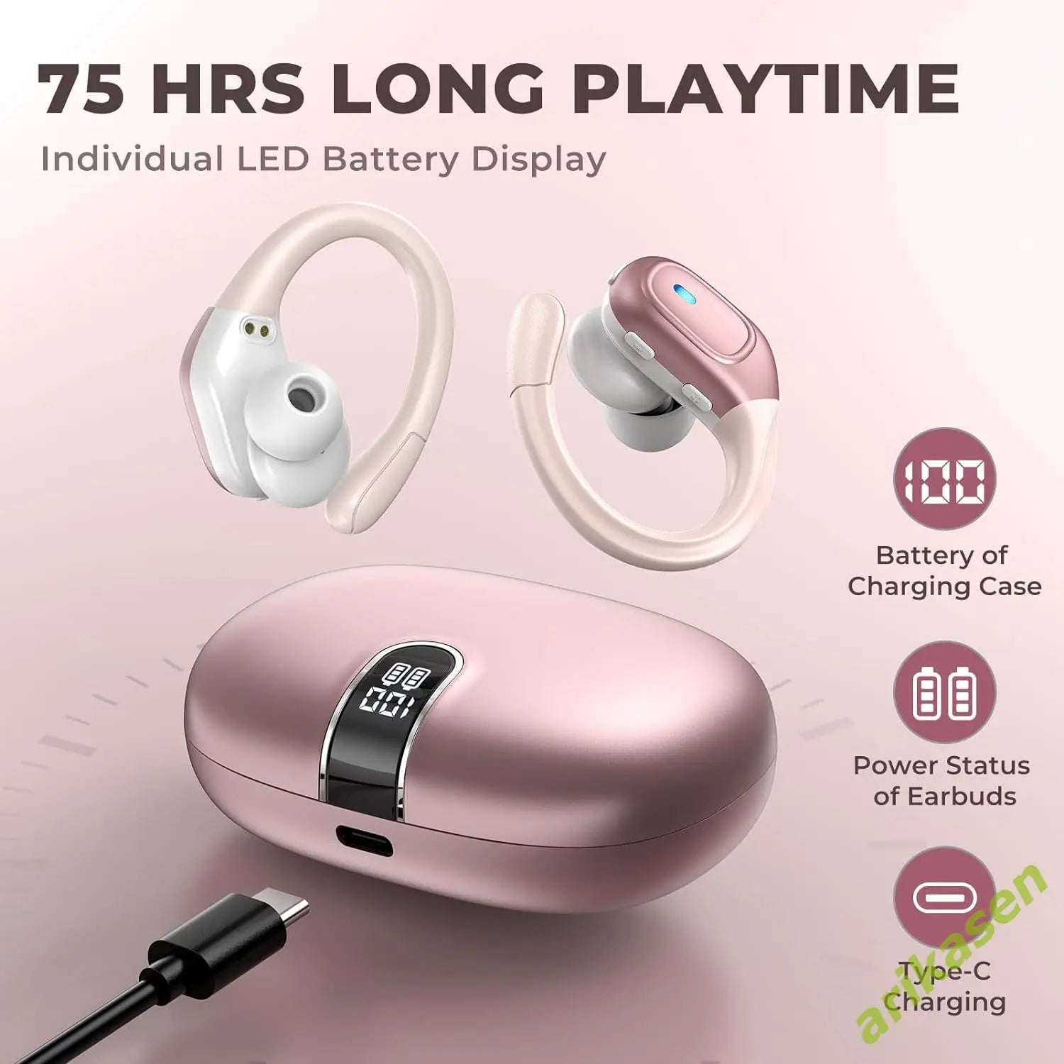 75Hrs Bluetooth 5.3 IP7 Waterproof Wireless Earbuds with ENC Noise