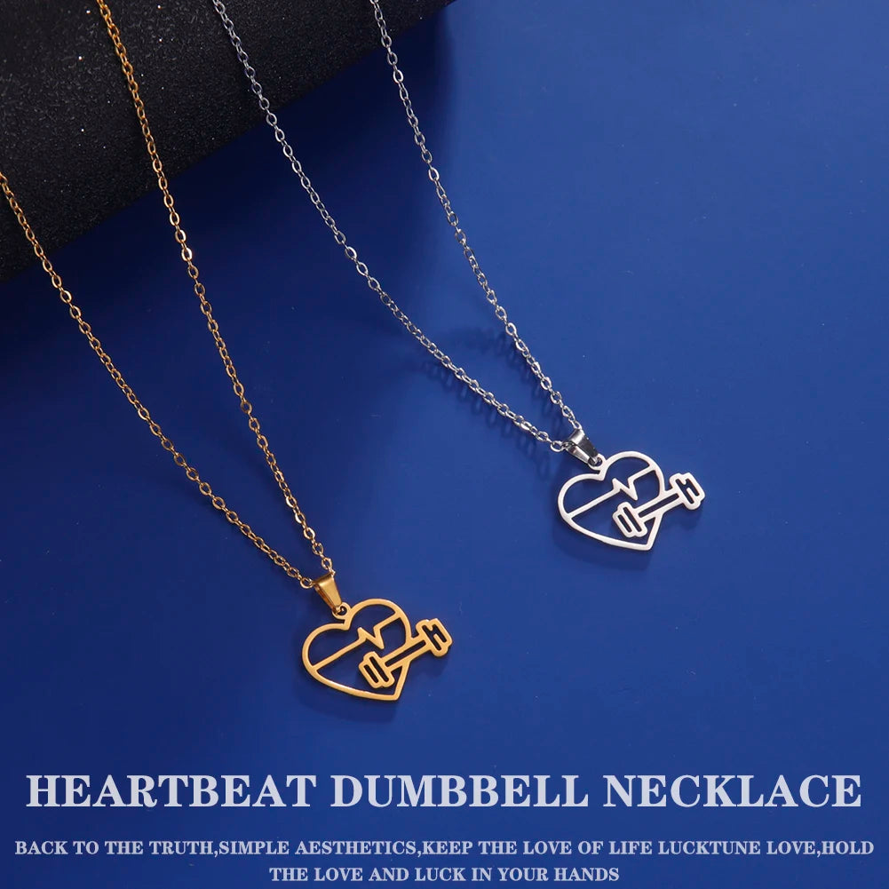 Lucktune Heartbeat Dumbbell Pendant Necklace Stainless Steel Heart Sport Chain Necklace Women Men Fashion Fitness Jewellery Gift